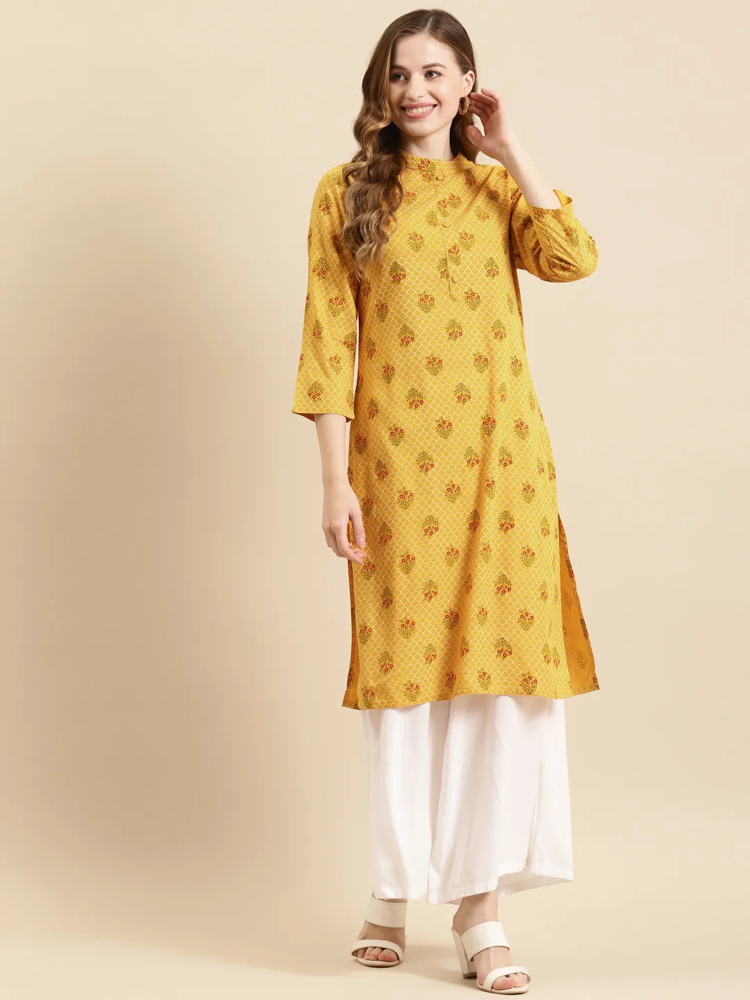 Floral Printed Band Collar Kurta
