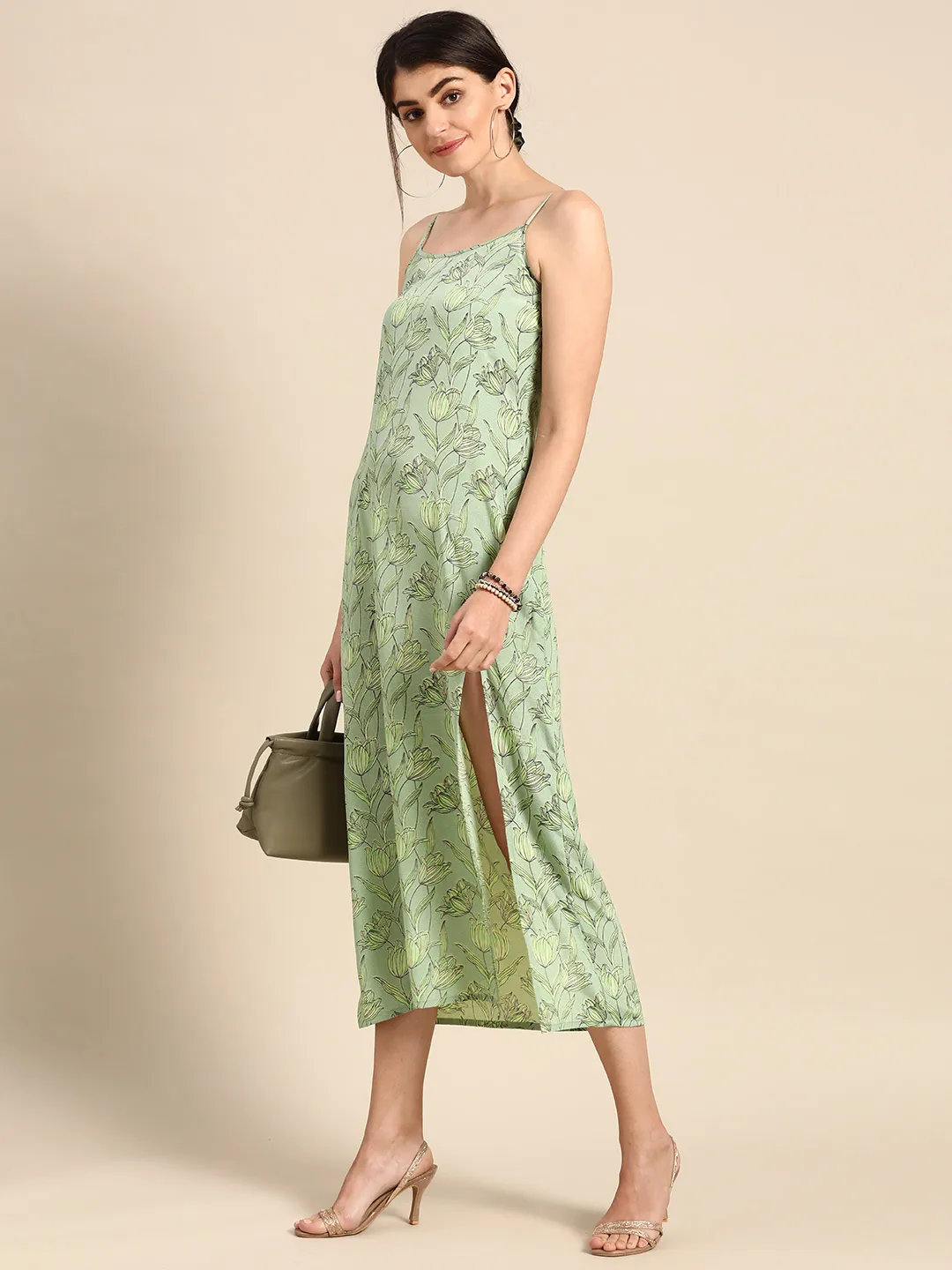 Green Digital Leaf Printed Maxi Dress
